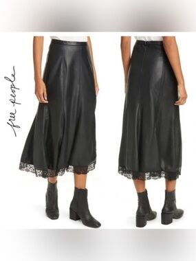 Free People Black Faux Leather Midi/Maxi Witchy Goth Skirt with Lace Trim Sz 10